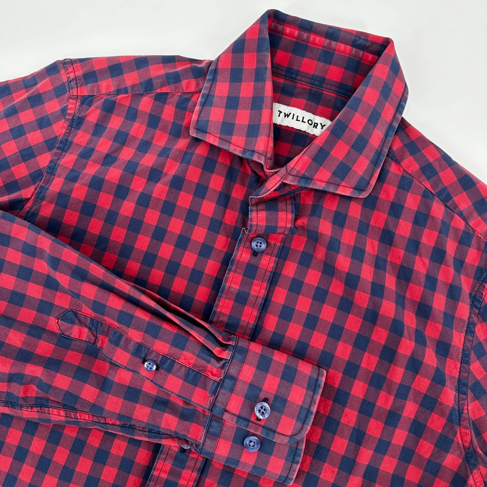 Twillory Mens Tailored Fit Gingham Check Shirt Red Blue 15 34/35 Cotton Preppy